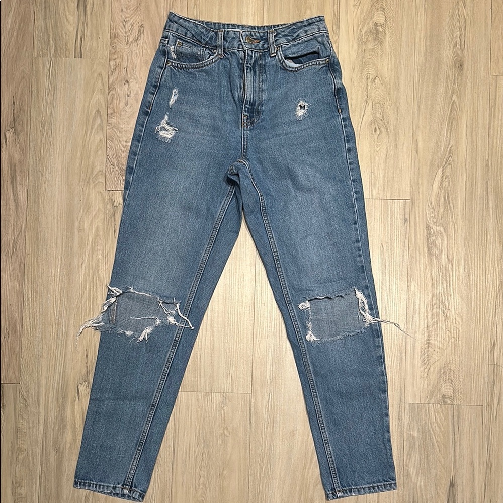 Distressed Blue Women's Topshop Mom High Rise Jeans Sz 25